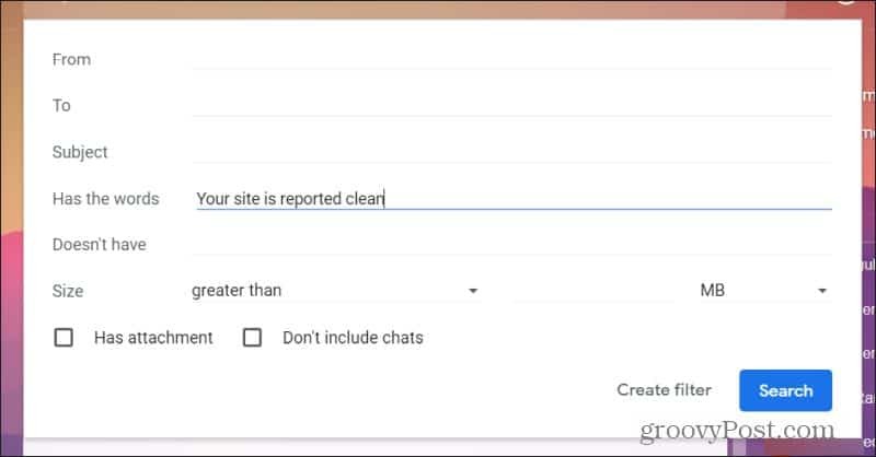 definindo entradas de filtro do gmail