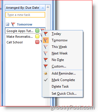Barra de tarefas do Outlook 2007 - Sinalizador do botão direito do mouse para o menu Opções