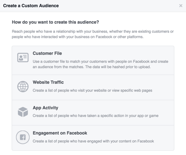 Escolha a fonte que deseja usar para seu público personalizado do Facebook.
