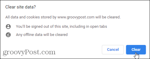 Caixa de diálogo de confirmação de limpar dados do site no Chrome