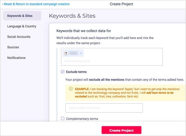 Use as configurações avançadas do BrandMention para configurar seu domínio, fontes e idioma e designar os termos a serem excluídos do seu painel.