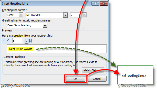 Captura de tela do Outlook 2010 - deixe as opções de linha de saudação padrão e clique em ok, uma visualização também é exibida