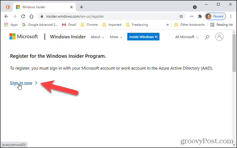 Faça login no programa Windows Insider
