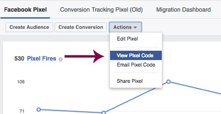 Clique em Exibir código de pixel para acessar seu pixel exclusivo do Facebook.