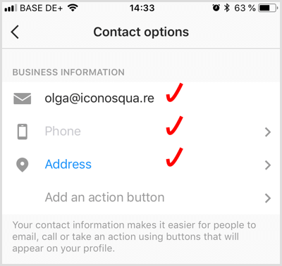 adicione informações de contato para uma conta empresarial do Instagram