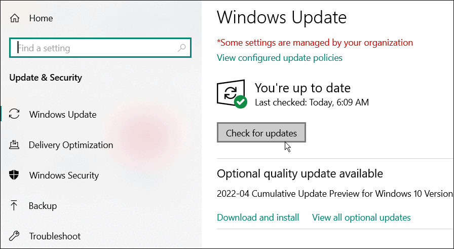 verifique se há atualizações do windows 10