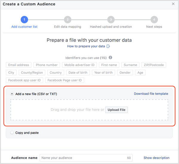 Facebook upload de dados de clientes