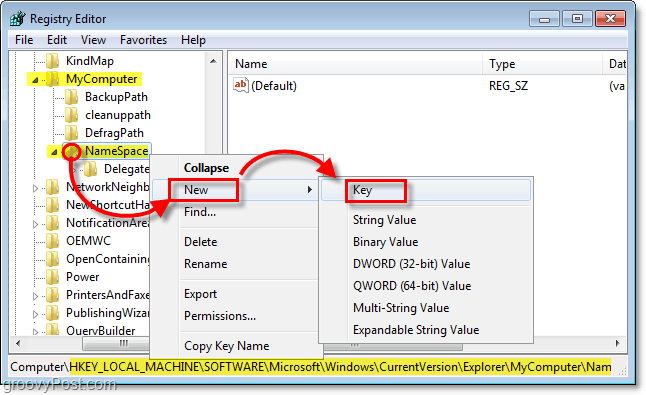 adicione uma nova subchave à chave NameSpace no Windows 7