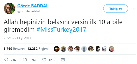 Miss Turquia concorrente Gözde Baddal maldição