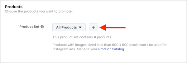 Escolha os produtos a serem promovidos em sua campanha de anúncios dinâmicos no Facebook.