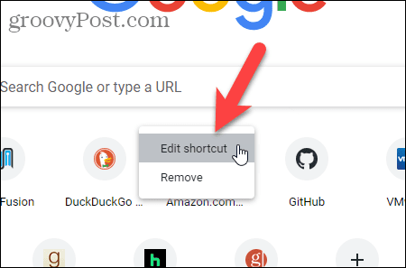 Selecione Editar atalho na página Nova guia do Chrome