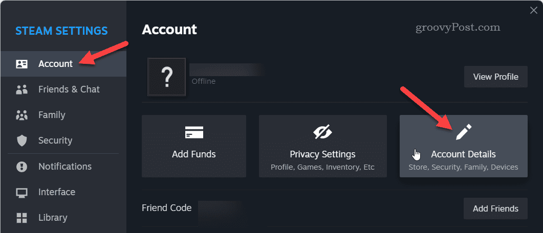 Abra os detalhes da conta no Steam