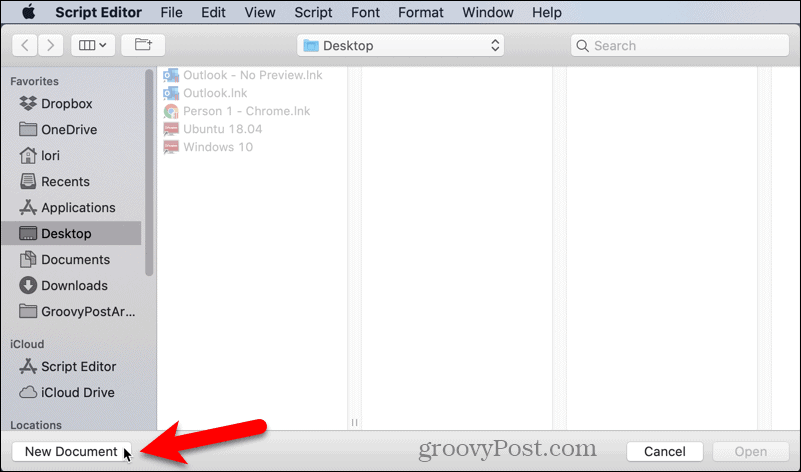 Abra um novo documento no Script Editor no Mac