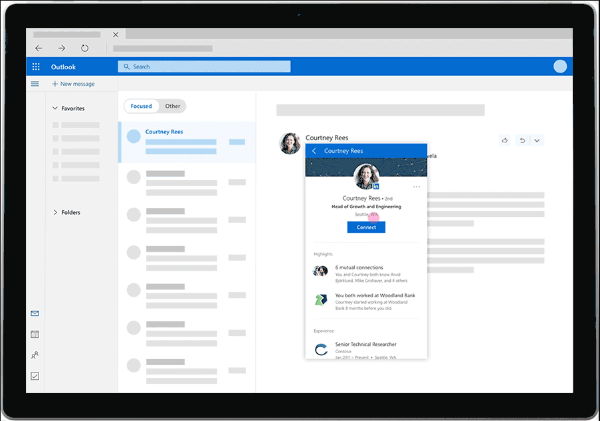 O LinkedIn agora fornecerá informações valiosas, como fotos de perfil, histórico de trabalho e muito mais, diretamente da caixa de entrada pessoal do usuário do Outlook.com.