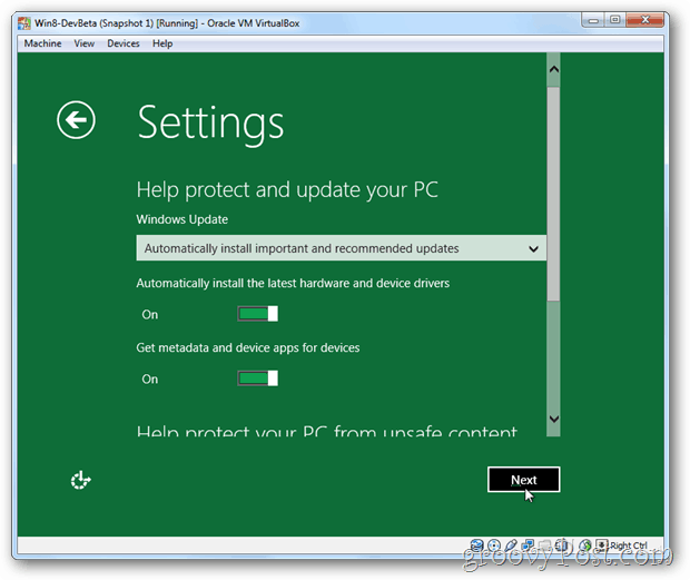 Configurações e atualização do VirtualBox Windows 8