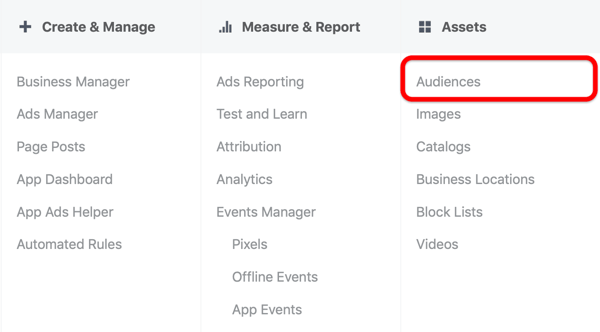 Opção para selecionar Públicos em Ativos no menu principal do Facebook Ads Manager.