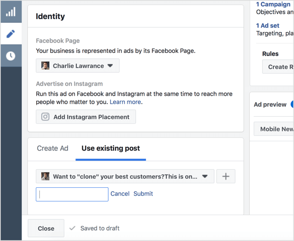 Selecione Usar postagem existente e insira o ID da postagem do Facebook.