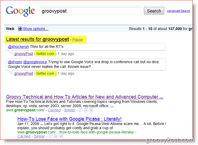 GroovyPost e Pesquisa em Tempo Real do Google