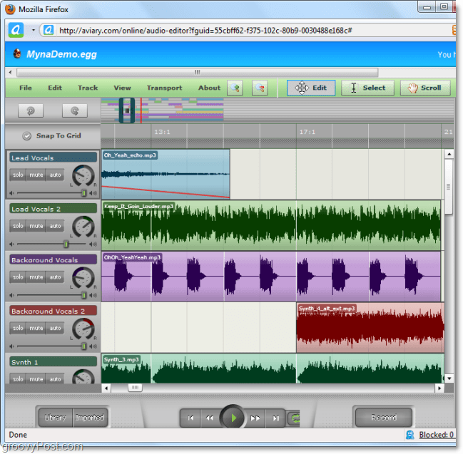 O editor de áudio myna permite que você junte áudio e adicione efeitos especiais