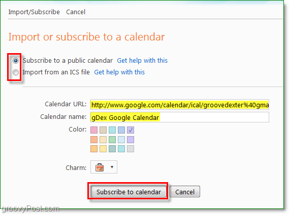 importar ou assinar ou adicionar calendário ao Windows Live