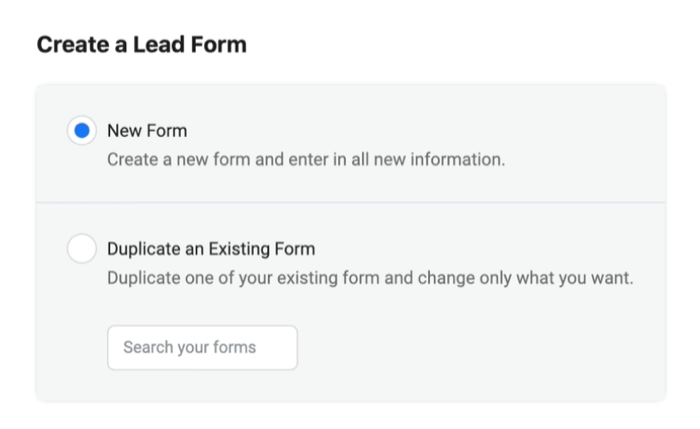 anúncios de lead do Facebook criam novo formulário de lead com a nova opção de formulário selecionada