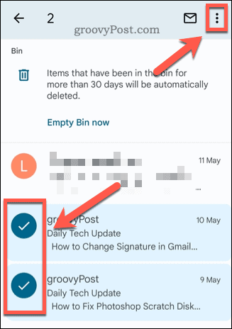Selecionando e-mails na pasta de lixo do Gmail