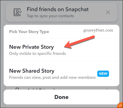 Crie uma nova história privada do Snapchat