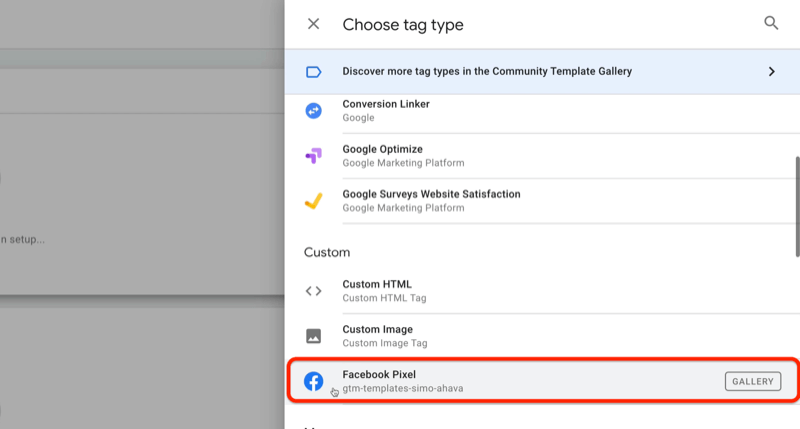 exemplo de nova tag do gerenciador de tags do google com o menu de escolha do tipo de tag e a opção de pixel do Facebook destacada na seção personalizada