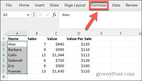 menu de fórmulas do excel