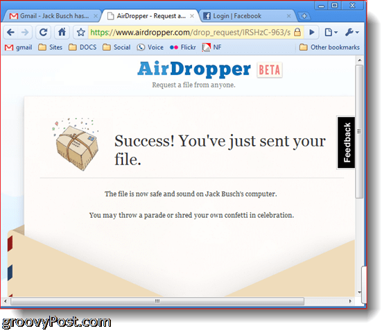 Arquivo de sucesso da captura de tela do Dropbox Airdropper enviado
