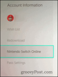Informações da conta do Nintendo Switch