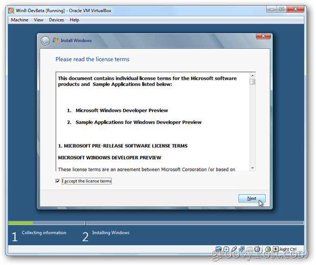 VirtualBox Windows 8 eula aceita licença