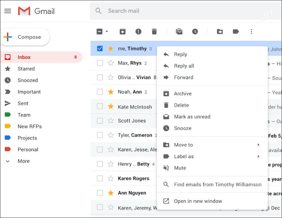 Menu de contexto do Gmail com o botão direito