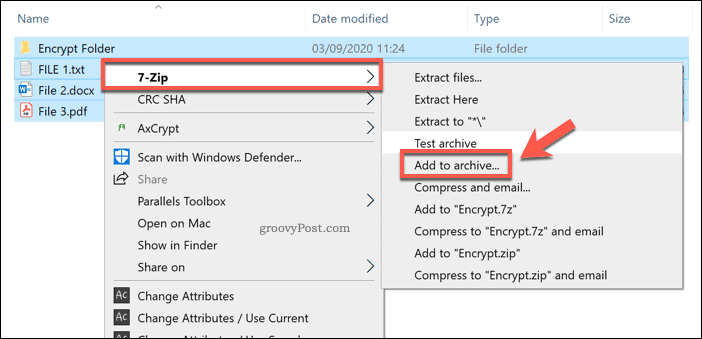 Adicionando a um novo arquivo 7-Zip no Windows 10