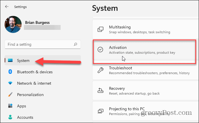 Configurações de ativação do sistema do Windows 11