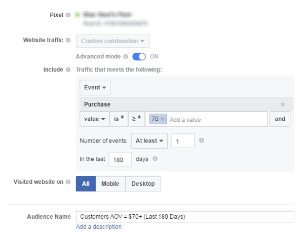 Você pode criar um público-alvo personalizado de clientes no Facebook com um AOV mais alto.