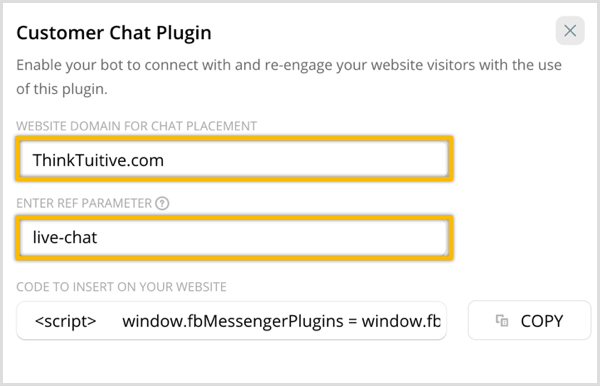 ChatFuel configurar plugin de chat do cliente