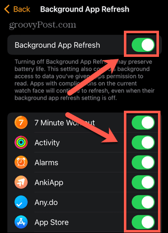 alternância de atualização do aplicativo em segundo plano do apple watch