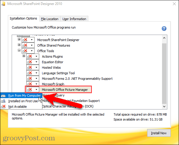 Habilitar Executar em Meu Computador para o Microsoft Office Picture Manager na instalação do Sharepoint Designer