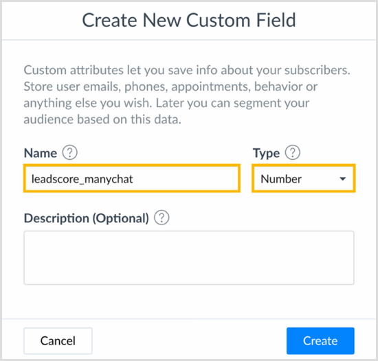Escolha um nome e selecione um tipo na caixa de diálogo Criar novo campo personalizado no ManyChat.