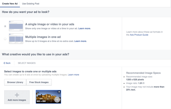 anúncio de tela do Facebook configurar opções criativas