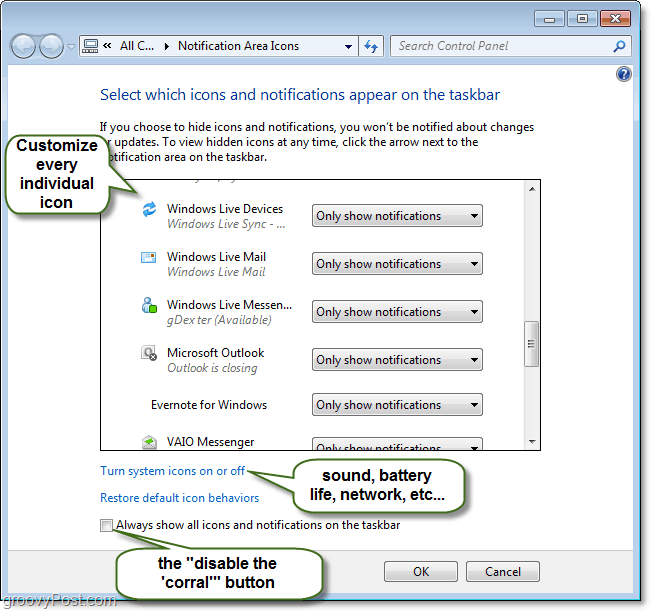 personalizar o painel de controle das notificações da bandeja do sistema do Windows 7