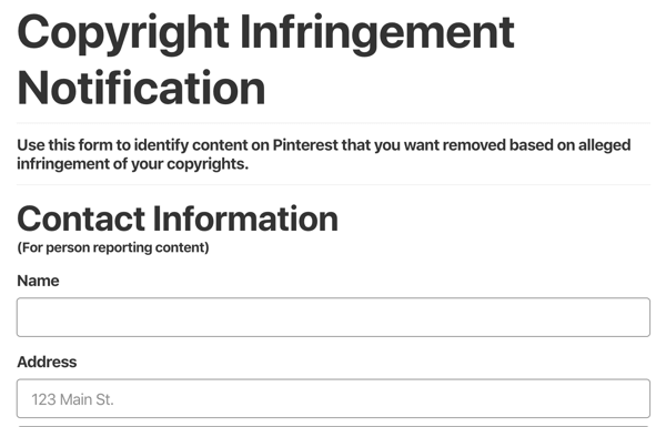 formulário de notificação de violação de direitos autorais do pinterest