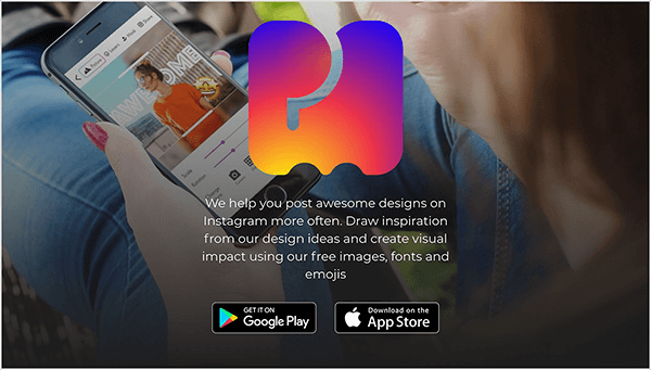Esta é uma captura de tela do site PostMuse. No centro superior está uma grande imagem do logotipo PostMuse, que é uma ilustração de um P e M preenchidos com um gradiente curvo. De cima para baixo, o gradiente inclui roxo, fuschia, vermelho, laranja e amarelo. Abaixo do logotipo está o seguinte texto em branco: “Ajudamos você a postar designs incríveis no Instagram com mais frequência. Inspire-se em nossas ideias de design e crie impacto visual usando nossas imagens, fontes e emojis gratuitos. ” Abaixo do texto, estão os botões que se conectam à Google Play Store e à App Store. A imagem de fundo do site é a foto de uma pessoa branca com unhas pintadas de vermelho segurando um smartphone e usando o aplicativo PostMuse. A foto é tirada por cima do ombro da pessoa e a profundidade de campo desfoca o cabelo e o pescoço da pessoa para focar no telefone. As pernas da pessoa estão esticadas na frente deles, e eles estão vestindo jeans.