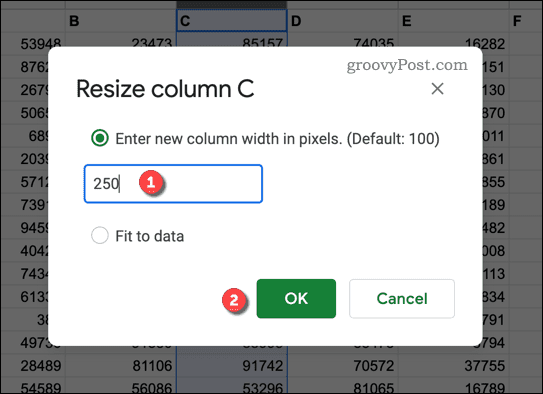 Opção para redimensionar uma coluna no Planilhas Google