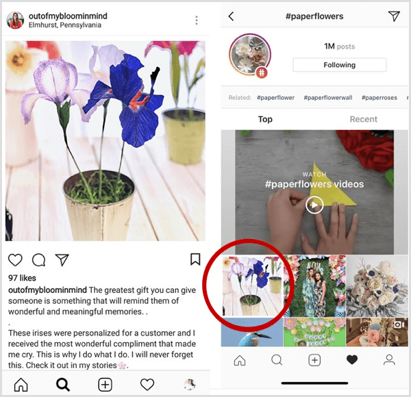 exemplo de postagem do Instagram que aparece primeiro nos resultados da pesquisa para uma hashtag específica