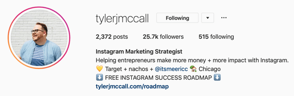 Exemplo de foto de perfil do Instagram Business e informações de bio por @tylerjmccall.