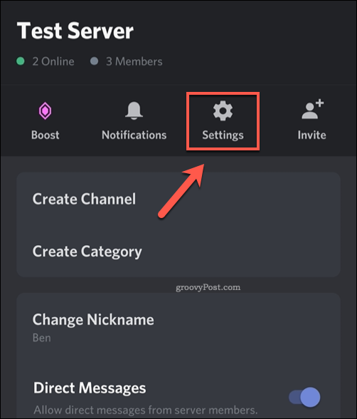 Ícone de configurações do servidor móvel Discord