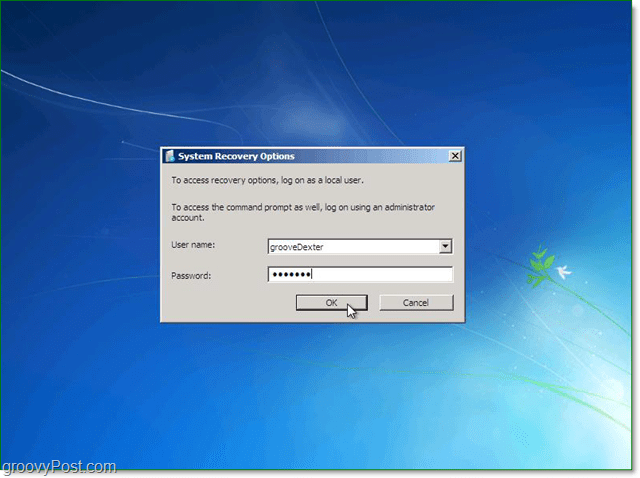 digite seu nome de usuário e senha para recuperação do sistema Windows 7