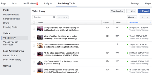 Você pode acessar sua biblioteca de vídeo completa do Facebook em Ferramentas de publicação.